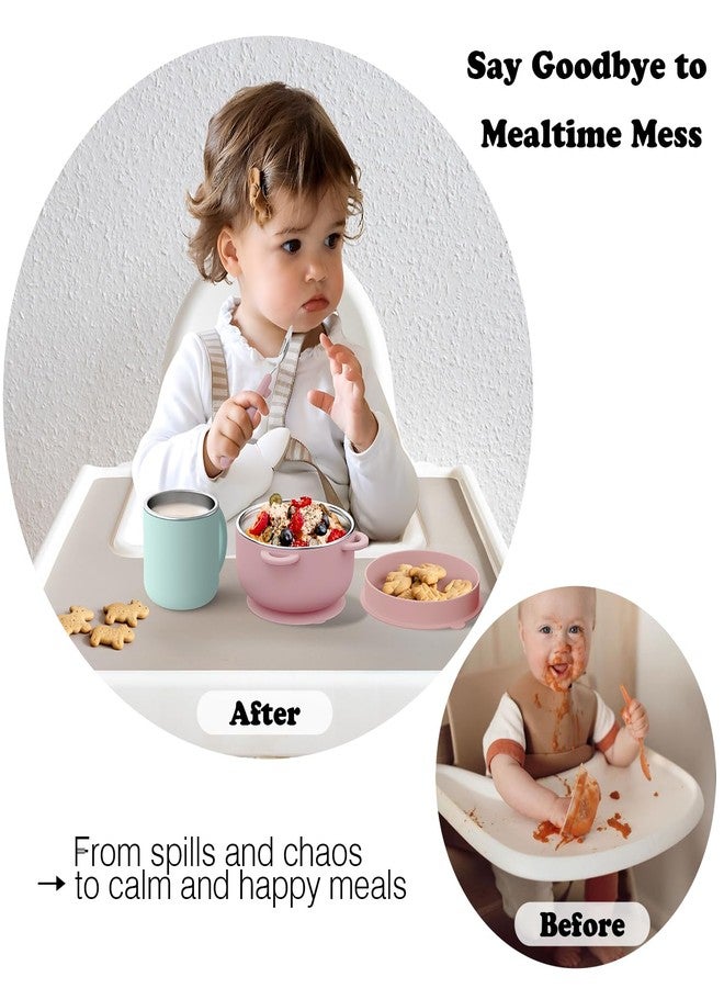 Bakpoco Kids Dinnerware Set - 6 Piese Toddler Plates and Suction Bowls Set with Kids Utensils⋓, 2 IN 1 Stainless Steel & Silicone Baby Self Feeding Supplies, Lilac& Blush&Sage - Image 5